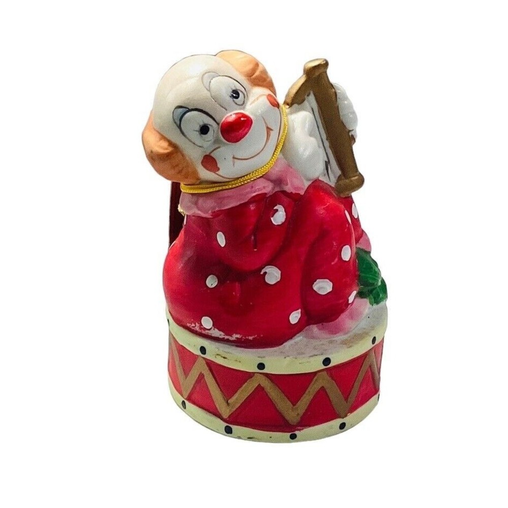 Jasco Clown Bell Bisque Porcelain Figurine Sitting Drum Harp Pink Blue Vtg 1978